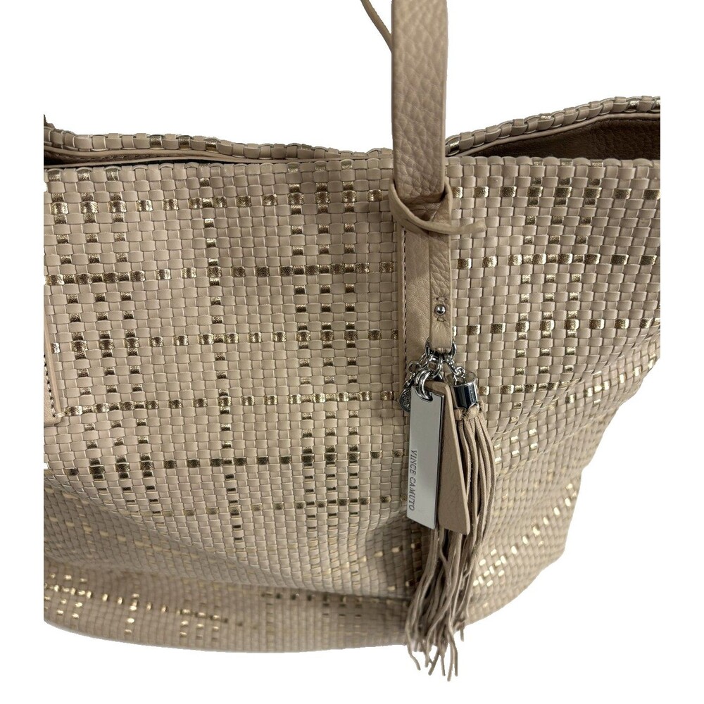 Vince Camuto Leather Woven Tote Handbag Hobo Bag Beige Gold tassel Charm *** - Picture 6 of 9